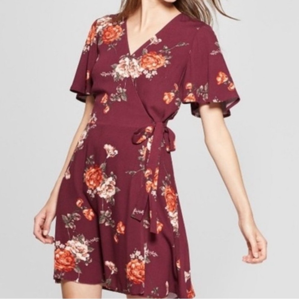 Xhilaration Red Pink Flutter Sleeve Wrap Dress